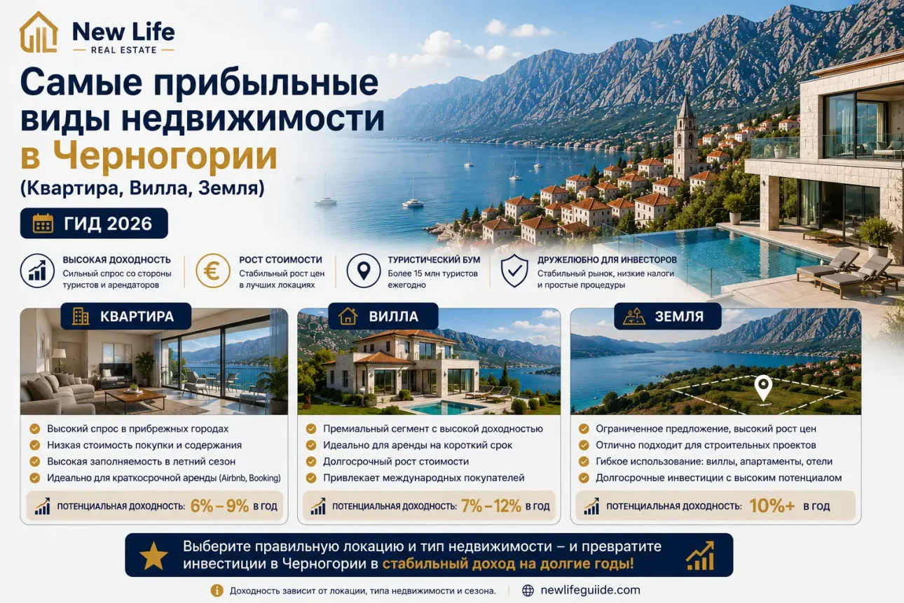 Наиболее прибыльные виды недвижимости в Черногории (квартиры, виллы, земельные участки) — Справочник на 2026 год